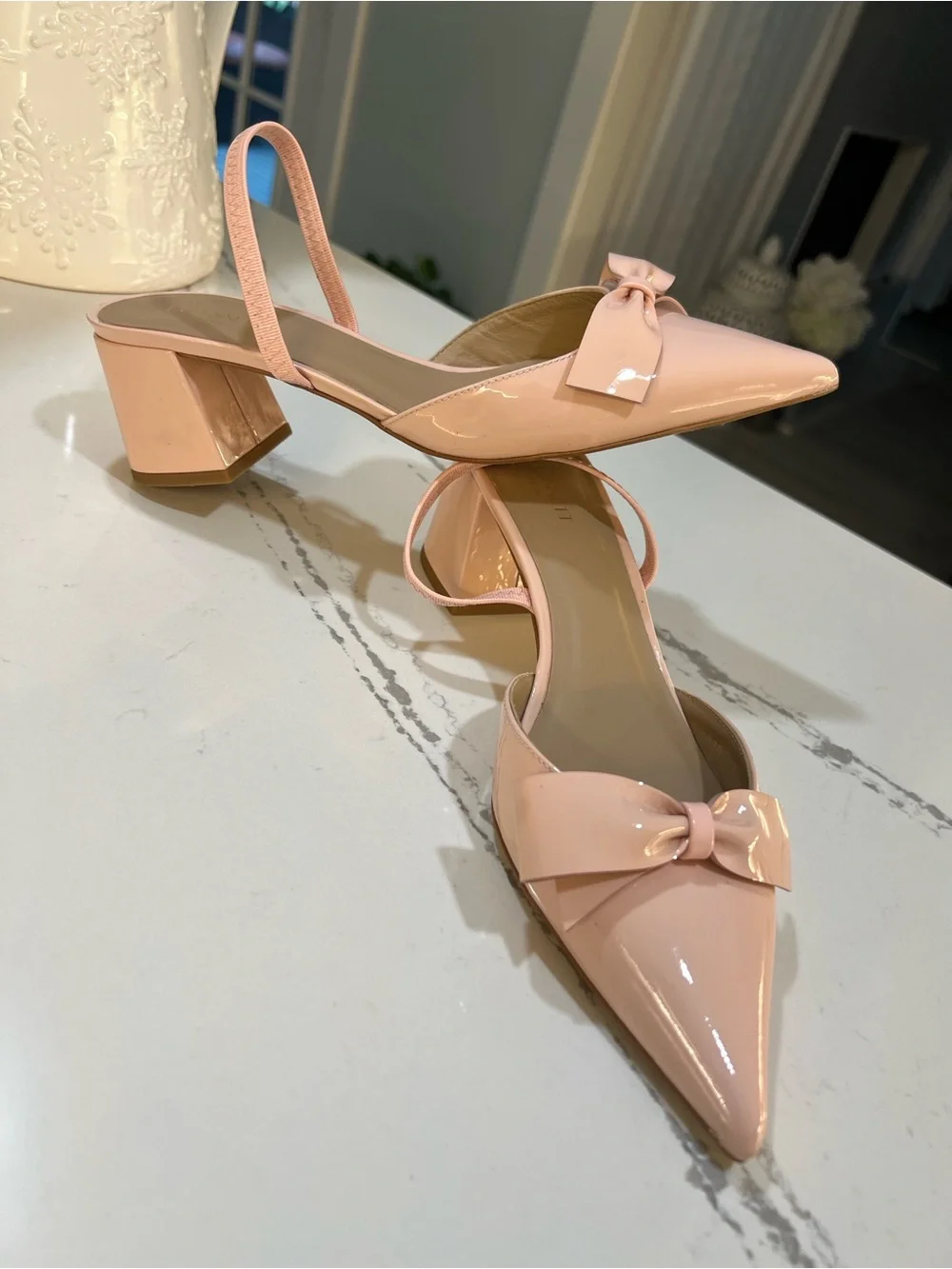 LK Bennett Patent Bow Pointed Slingback Heels in Blush Pink size 37 (6.5)